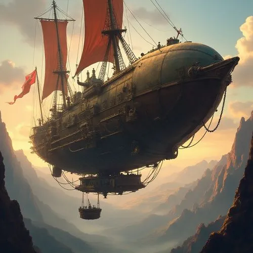 A dynamic, photorealistic digital illustration in a steampunk-inspired, fantasy style, featuring a massive, weathered bronze or iron airship floating above a rugged, mountainous landscape at sunrise o