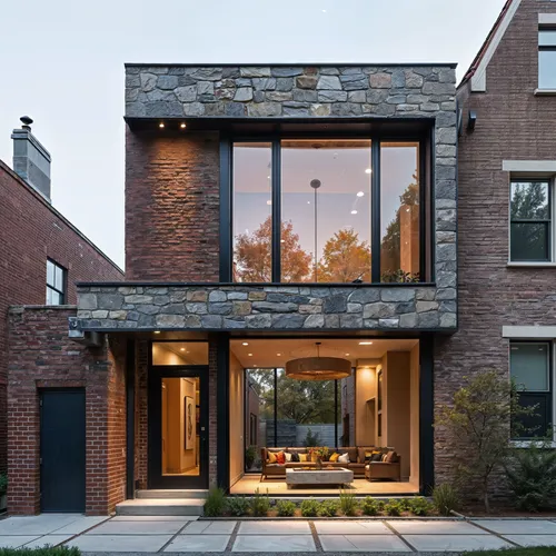 A design that integrates modern elements into a historical context, preserving the building’s original charm with contemporary updates,a view of a contemporary home from outside,brick house,rowhouse,c