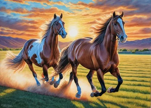 Majestic horses, two horses, standing, galloping, racing, horse riding, cowboy hat, boots, rodeo arena, sunset, golden light, warm atmosphere, realistic fur texture, detailed muscles, shiny coat, flow