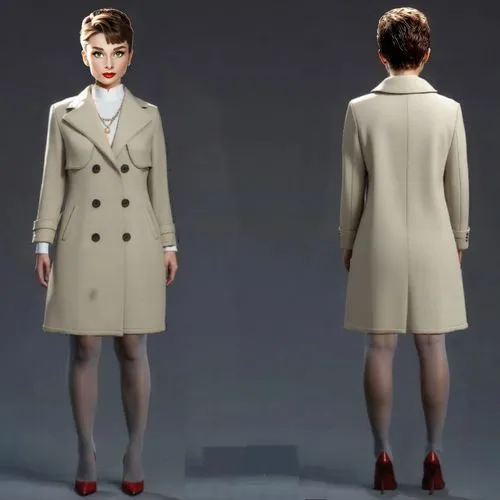 INSERT THE OVERCOAT PERFECTLY. DO THIS IN FRONT AND BACK VIEW. ,this is a rendering of a woman wearing a coat and skirt,overcoat,long coat,greatcoats,BONELLI EDITORE,JULIA KENDALL,AUDREY HEPBURN