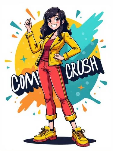 A playful, vibrant character representing ‘ComicCrush’ standing confidently, wearing a colorful, modern outfit with bold, energetic lines. The character has a fun, approachable vibe, with a bright smi