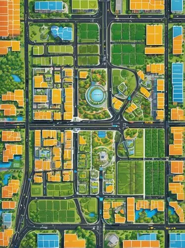Urban planning, architectural zoning diagram, colorful blocks, grid system, green spaces, blue water features, yellow roads, residential areas, commercial zones, industrial parks, mixed-use developmen