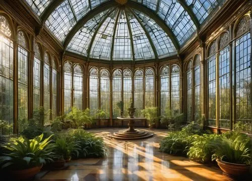 Crystal Palace architecture, grandiose Victorian style, intricate glass and iron framework, ornate facades, towering spires, majestic entrance hall, stained glass ceiling, polished marble floors, lush