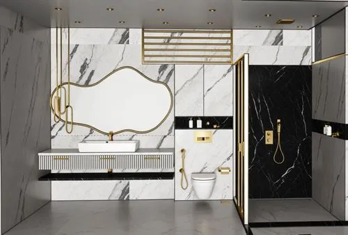 the modern bathroom is equipped with gold fixtures and black marble,luxury bathroom,modern minimalist bathroom,interior modern design,walk-in closet,bath room,gold lacquer,interior design,marble,gold 