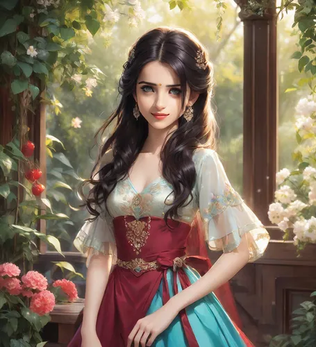 Bhadrika - Elegance 0.7,fairy tale character,fantasy portrait,belle,esmeralda,romantic portrait,romantic look,country dress,anarkali,snow white,vidya,dirndl,gothel,storybook character,victorian lady,a