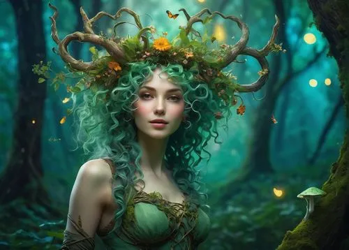 Folkloric Spriggan, mythical creature, slender build, pale green skin, pointed ears, wild curly hair, vines and flowers entwined in hair, delicate facial features, mischievous grin, wearing a wreath o
