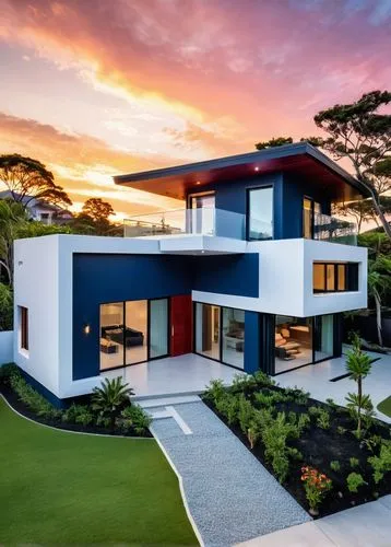 As the sun sets over a quiet suburban street, a magnificent house, its walls a deep red, sits proudly in the corner. To the left, a spacious, spacious cabin with a wooden roof and a small garden setti