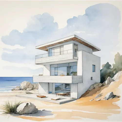 Craft an architectural drawing of a minimalist beach house with stunning ocean views.,dunes house,beach house,beachhouse,beach hut,house drawing,holiday home,cubic house,house by the water,modern hous