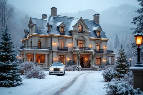 Snow-covered luxury mansion in a French neoclassical style, surrounded by a serene winter landscape. The mansion features a light cream facade with intricate columns, ornate moldings, and tall arched 