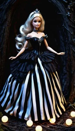 60s barbie doll in a black and white striped ballgown,Barbie,dress doll,doll dress,vintage doll,fairy tale character,female doll,wooden doll,tumbling doll,fashion doll,handmade doll,fairy queen,collec