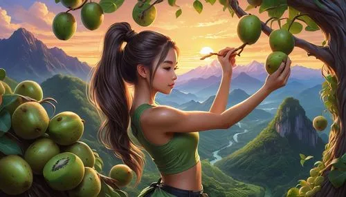 a painting of a beautiful woman picking fruit from a tree,watermelon background,sacred fig,landscape background,star fruit,background ivy,fruit picking,papayas,kiwifruit,girl picking apples,woman eati