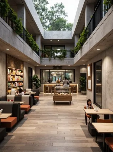 Aerial view of the interior design rendering, with an island counter in front and several tables on both sides for customer seating. There are also some wall hanging menu boards. The coffee shop has w