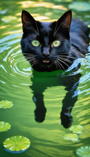 
Pet photography. Black Cat, Looking Up to Enjoy Expression, Water Surface, Fantastic Light, Sparkling Water, Top View, High Detail Circular Water Ripples, Clear Light Green Water, It Has Black Fur, S