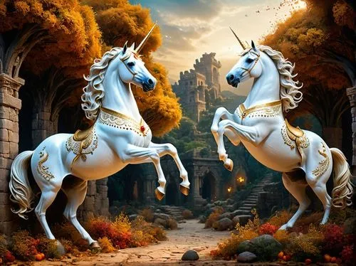 two white unicorns are playing in a magical forest,two white horses standing next to each other,unicorn background,white horses,unicorn art,a white horse,fantasy picture,fantasy art,beautiful horses,e
