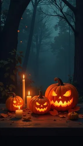 halloween wallpaper,
Halloween pumpkins and candles on the table, dark background, shallow-focus photography, hyper-realistic oil painting, highly detailed illustrations, cute cartoon design, glowing 