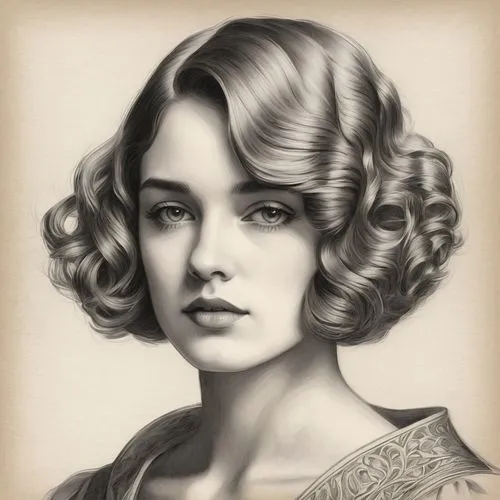 [Young woman with 1920s-style wavy bob haircut, portrait, calm and elegant expression], [Pencil drawing, hyperrealistic style], [Reminiscent of the classical portraiture of Jean-Auguste-Dominique Ingr