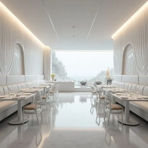 A futuristic luxury hotel Restaurant Club with featuristic Restaurant tables and design , sleek and glossy white design, rounded edges, minimalistic layout, , high-quality images with ambient shadowin