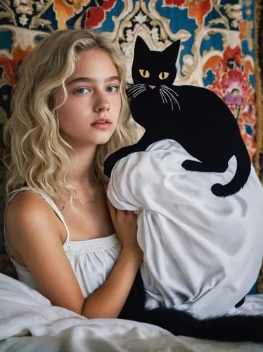 cat in bed,black cat,girl in bed,two cats,cat,kat,cat european,feline,white cat,cat lovers,puma,pillow,kitten,blonde girl with christmas gift,feline look,romantic portrait,paloma,woman on bed,ritriver