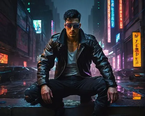 Cyberpunk, male, Decker, solo, (30yo), muscular build, messy short black hair, silver goggles, leather jacket, torn jeans, heavy combat boots, futuristic cityscape, neon lights, dark alleys, rainy nig