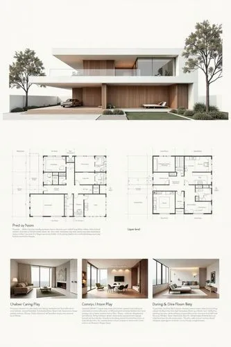 A professional architectural presentation board with a Pure background and a clean, minimalist design layout. The board includes:

Top Section: On the top left, a photorealistic render of a contempora
