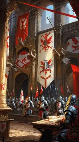 A Templar war council. The templar generals and knights have assembled in a castle. Templar crusader flags are flying. The room is well lit,knight festival,the sea of red,medieval,knight tent,hall of 