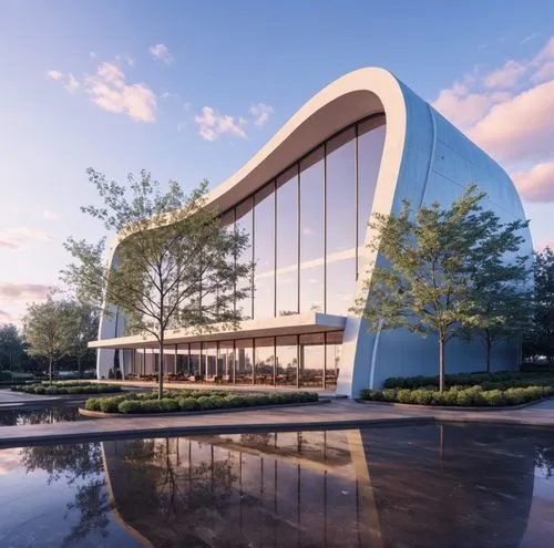 a very unusual shaped building with its reflection on the ground,futuristic art museum,new city hall,renderings,snohetta,futuristic architecture,new building,Photography,General,Realistic