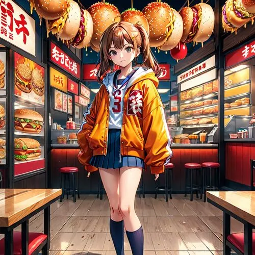 japanese style, manga, realistic,colors,autum,fastfood,a girl walks in front of a fast food store,asahina,mikuru asahina,takoyaki,big hamburger,mcada,hamburger,Anime,Anime,General