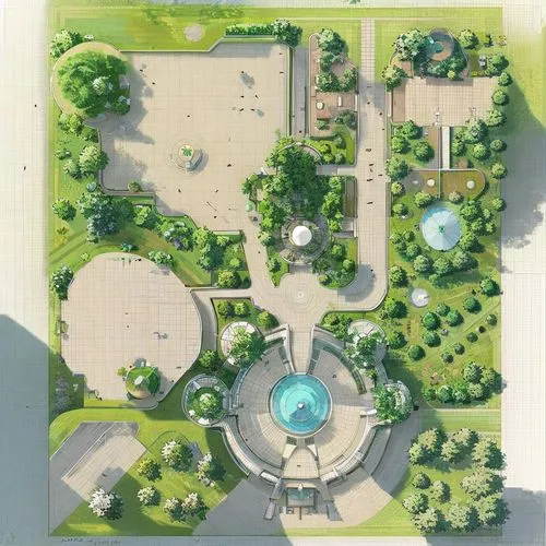 an aerial view of the gardens with fountain and fountains,landscape plan,architect plan,renderings,swim ring,resort,school design
