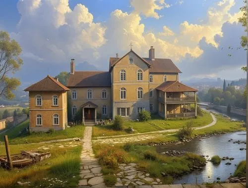home landscape,house with lake,house in mountains,lonely house,country house,house painting,rural landscape,house in the mountains,country estate,fantasy landscape,farm house,house in the forest,stone