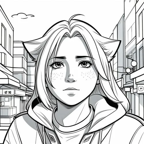 a girl wearing a cat ears hat looking at the camera,inking,mono-line line art,inks,mono line art,worried girl,arrow line art,line art,penciling,scowling,storyboard,uncolored,intoning,redrawing,scowls,