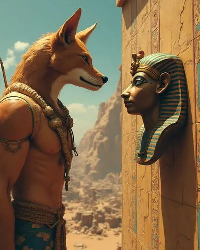 Anubis, represented by the head of a jackal, takes on a muscular male human body and looks at the mask of Tutankhamun, in the background a large wall adorned with brightly colored Egyptian hieroglyphi