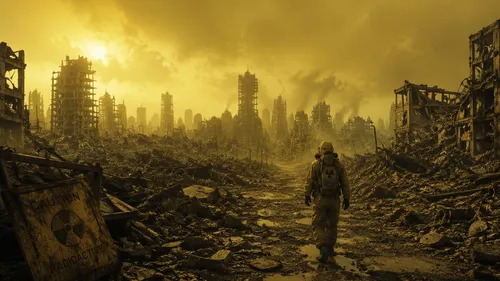 a destroyed cityscape that was destroyed by nuclear bombs, a man  in hazmat suit patrolling the area, yellow hue, immense piles of debris
,a man walking through a destroyed industrial area,post-apocal