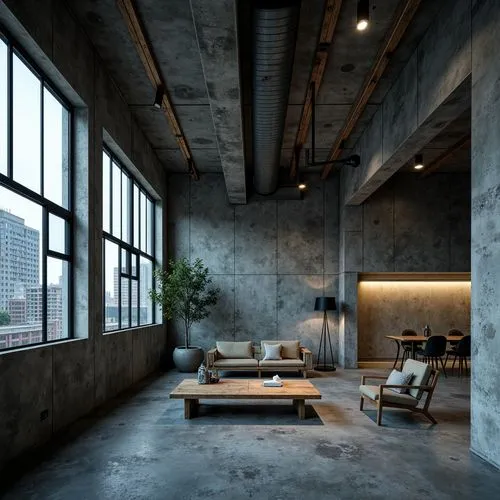 Exposed concrete walls, industrial metal beams, raw wood accents, brutalist architecture, urban loft atmosphere, monochromatic color scheme, dark grey tones, cold blue hues, warm beige undertones, rou