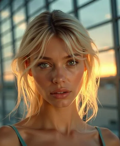 An oil paint portrait of a beautiful young woman with long blonde hair flowing for her shoulder, green eyes stand up on airport floor at sunrise. She is wearing ight blue sleeveless top, having porcel