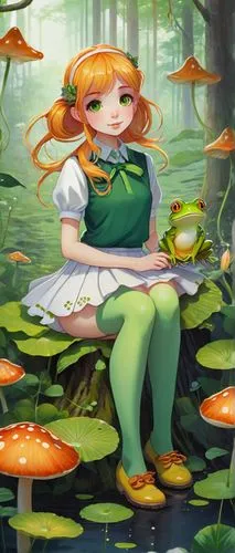 Anime, frog girl, solo, (12yo), green skin, big round eyes, eyelashes, yellow hair clips, orange hair, ponytail, white shirt, short pleated skirt, green boots, holding a lily pad, sitting on a mushroo