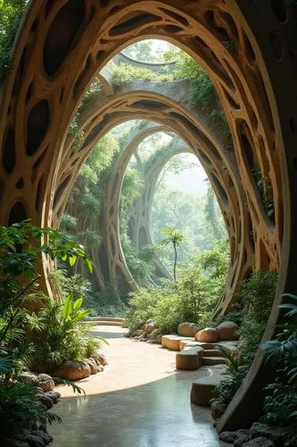 An immersive, nature-inspired interior space that seamlessly blends the outdoors and the indoors. A series of organic, curved arches frame a lush, verdant landscape visible through the panoramic windo