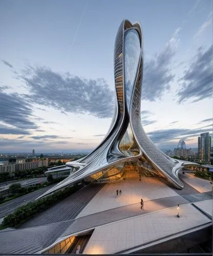 Modern building, at dusk,futuristic architecture,olympic flame,ekaterinburg,calatrava,santiago calatrava,futuristic art museum,minsk,sochi,qlizabeth olympic park,olympic torch,mercedes-benz museum,vol