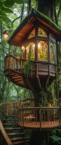 Whimsical treehouse, modern architecture, surrounded by lush greenery, tall trees, wooden pillars, rope ladder, intricate carvings, stained glass windows, cozy reading nook, hammock, lanterns, warm li