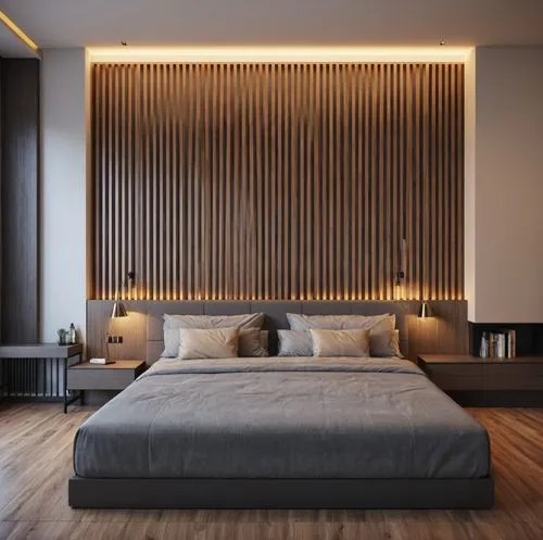 interior design,a large bed is next to wooden wall,headboards,contemporary decor,modern decor,headboard,sleeping room,modern room,Photography,General,Realistic