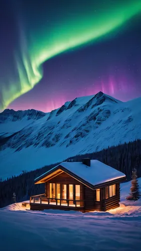 christmas warm architecture minimalist cabin in top of a mountain with  northern lights  timelapse, high quality, 8k,northen lights,norther lights,the northern lights,northern lights,northern light,no
