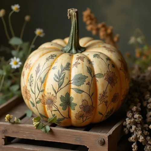 A vintage-inspired pumpkin with delicate botanical illustrations in earthy greens and browns, resembling an old botanical print. It rests on an antique wooden crate alongside dried herbs and wildflowe