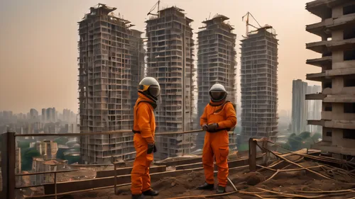 futuristic john woo architects in spacesuits on high rise construction sites in mumbai, in the style of the photography book “The Suffering of Light” by photographer Alex Webb. Master photo with excel