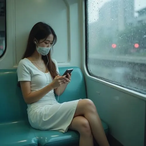 a woman in a white dress on a subway train,pollution mask,breathing mask,train seats,train compartment,the girl at the station,train ride
