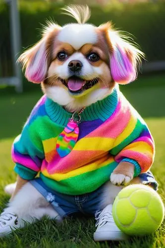 Lisa Frank inspired dog, colorful hair clips, pink nose, sparkly eyes, glossy fur, sitting, rainbow sweater, denim shorts, sneakers, holding a tennis ball, playful pose, green grass, sunny day, bloomi