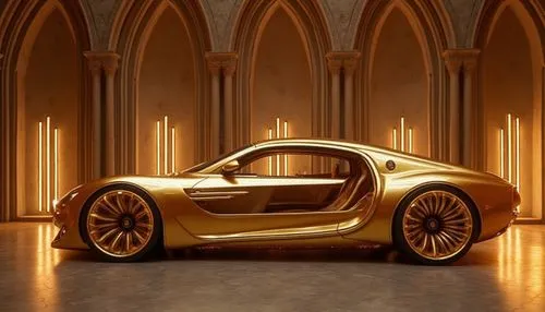 "Luxury gold concept vehicle with flowing lines, Gothic architectural setting, warm ambient lighting, detailed interior arches, premium automotive visualization",a gold vehicle is parked inside of an 