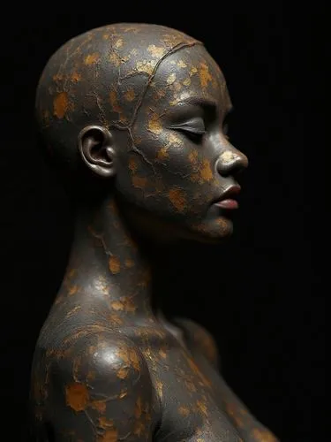 Photorealistic illustration of a ceramic woman portrait with gold kintsugi cracks, on a black background, cinematic realistic style, evoking Japanese art,,a black and gold colored statue of a woman's 