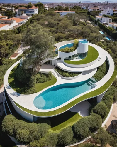 Outdoor, Rooftop, Trees, Shrubs, Large Pools, Tubs, Shower, and Flowers  Villa Jardín by ASP Arquitectura Sergio Portillo,futuristic art museum,parque estoril,futuristic architecture,artificial island