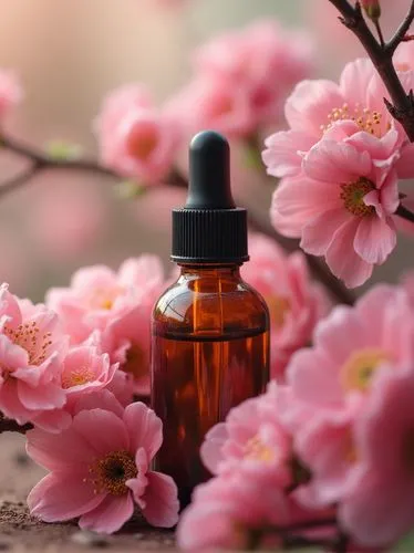 A close-up of a glass dropper bottle surrounded by blooming pink flowers. The bottle reflects the rich colors of the petals, while the delicate blossoms create a harmonious and soothing natural settin