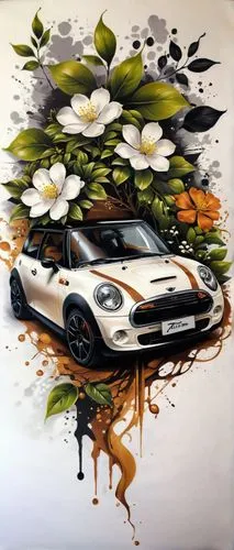 By Tun Tun,  Create tattoo design, brown, black and white, many jasmines and a mini cooper car. Please provide an in-depth critique of my artwork. Assess the composition, balance, and use of color, di