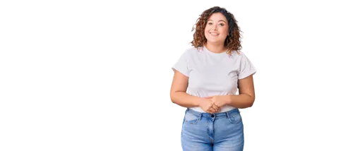 Chubby woman, curvy figure, round face, rosy cheeks, soft features, bright smile, curly brown hair, minimal makeup, casual outfit, white blouse, high-waisted jeans, sneakers, relaxed posture, leaning 